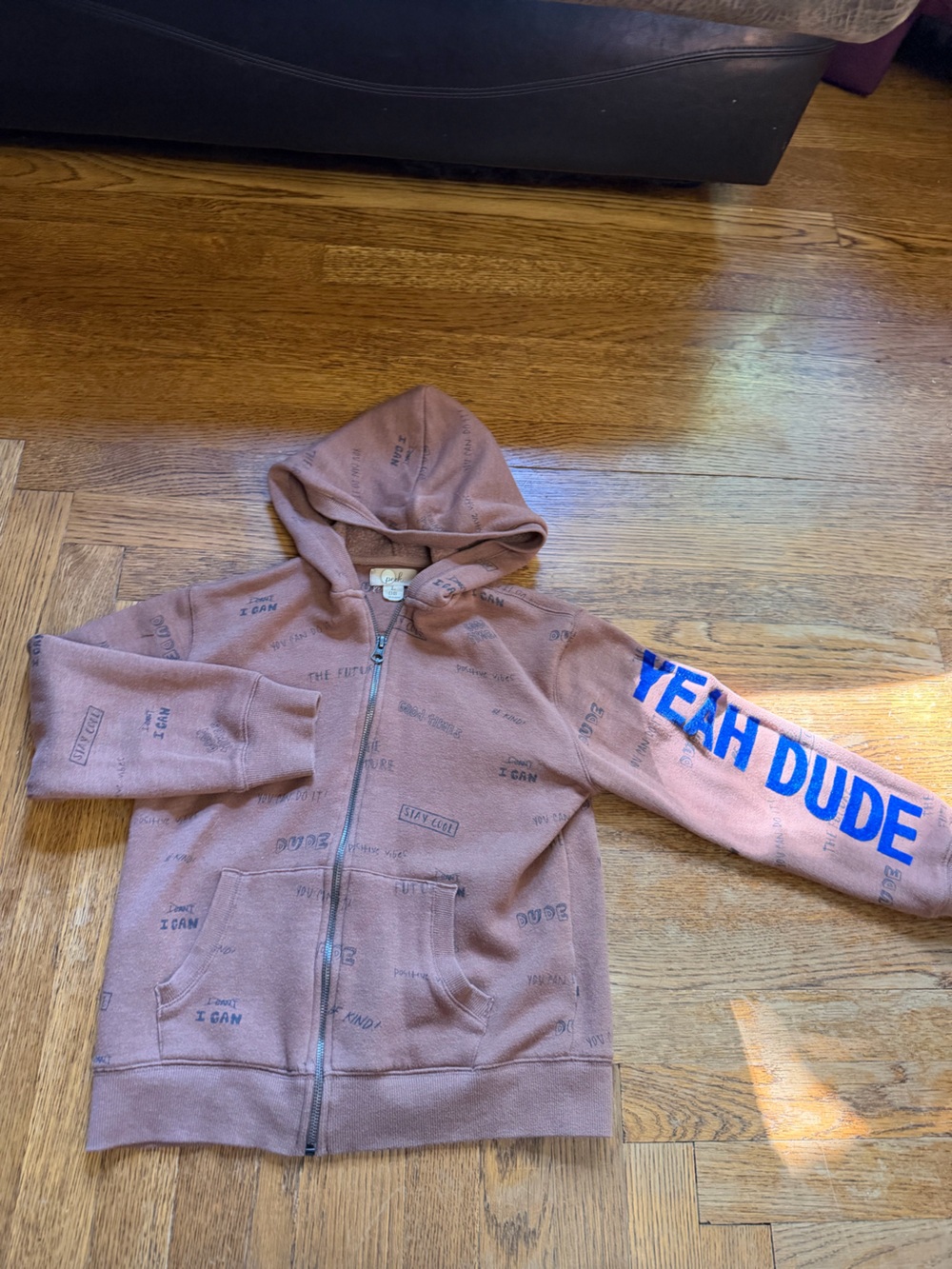 Peek Brown Zip-Up Hoodie with Blue "YEAH DUDE" Sleeve